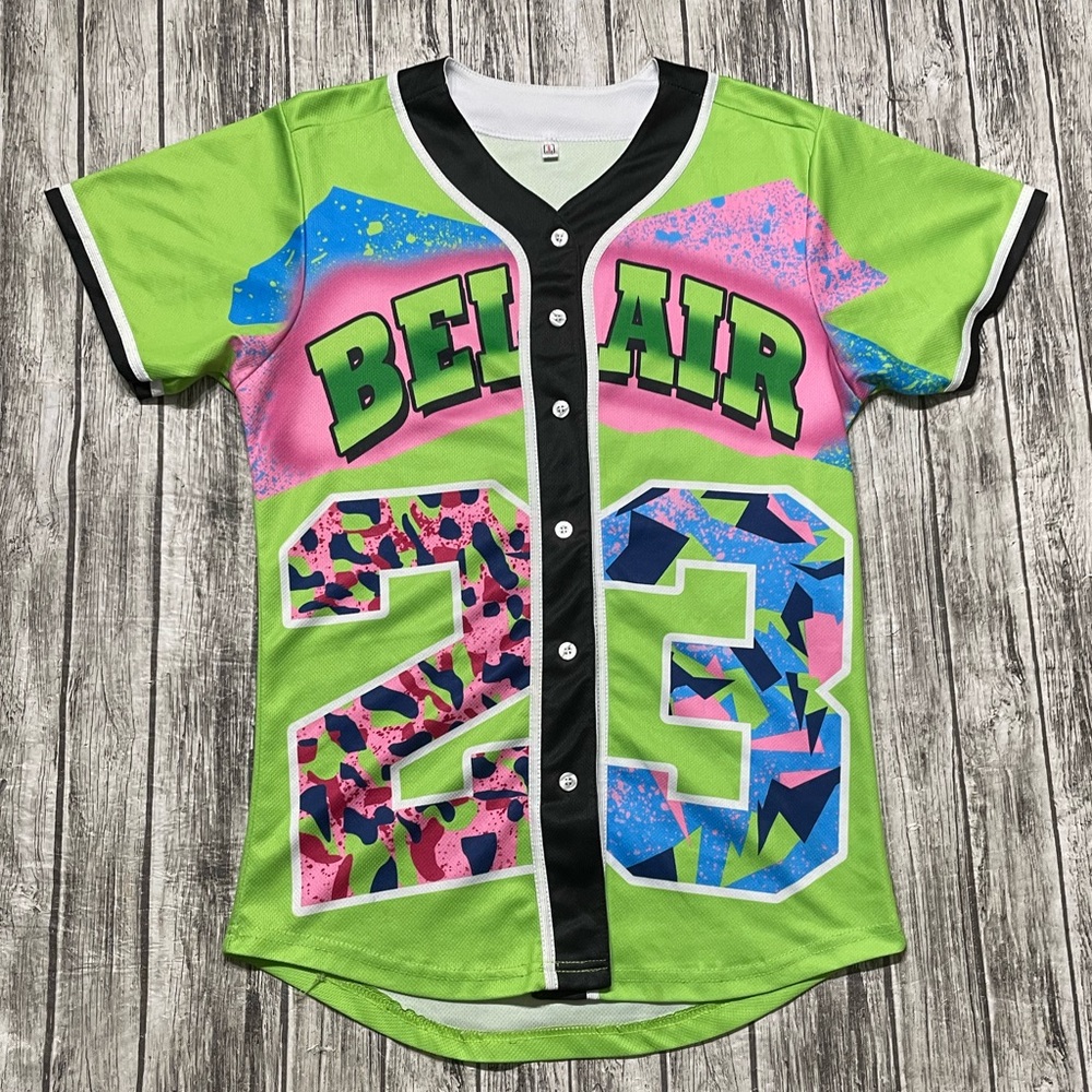 Adult Small 90s Themed Belair #23 Neon Bright Button Down Jersey Style Top